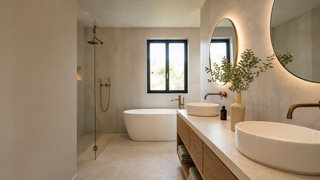 Suite de baño en chalet con doble lavabo, bañera y gran ventana