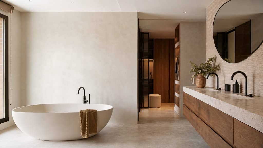 Baño principal de chalet con doble lavabo, espejos LED y bañera