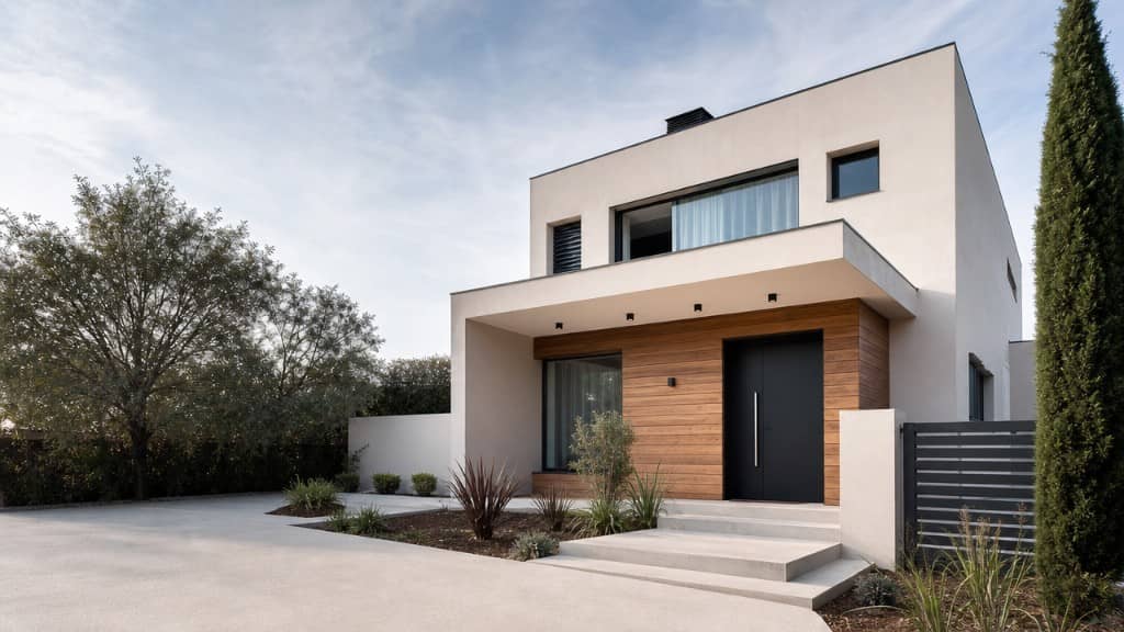 Fachada y acceso moderno de chalet reformado en Madrid