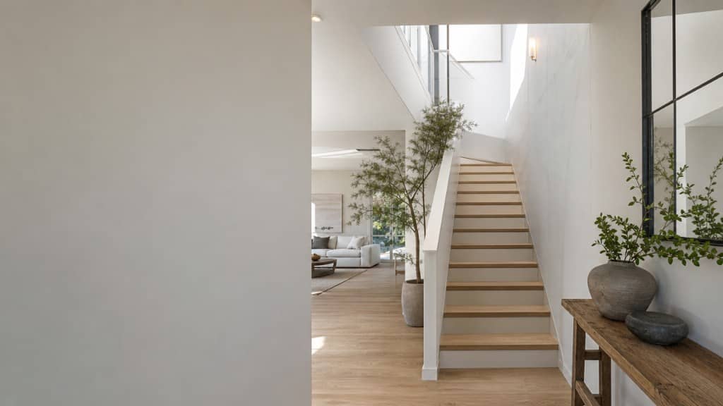 Hall de chalet con consola, escalera y conexión al salón