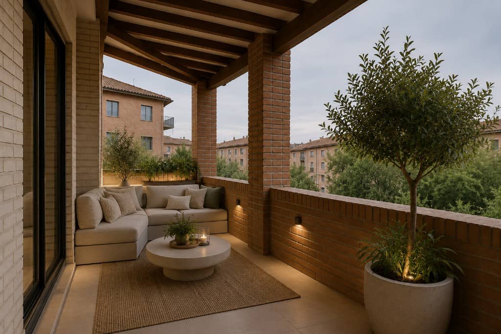 Porche-terraza reformado con sofá lounge, olivo e iluminación cálida