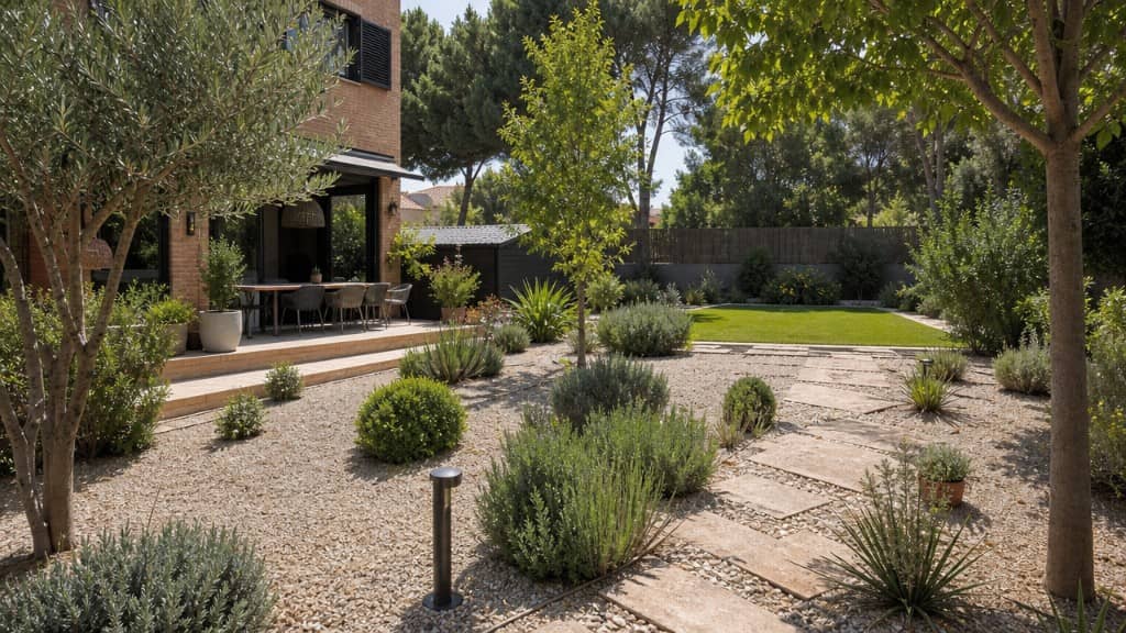 Jardín de chalet con grava, losas y patio comedor exterior