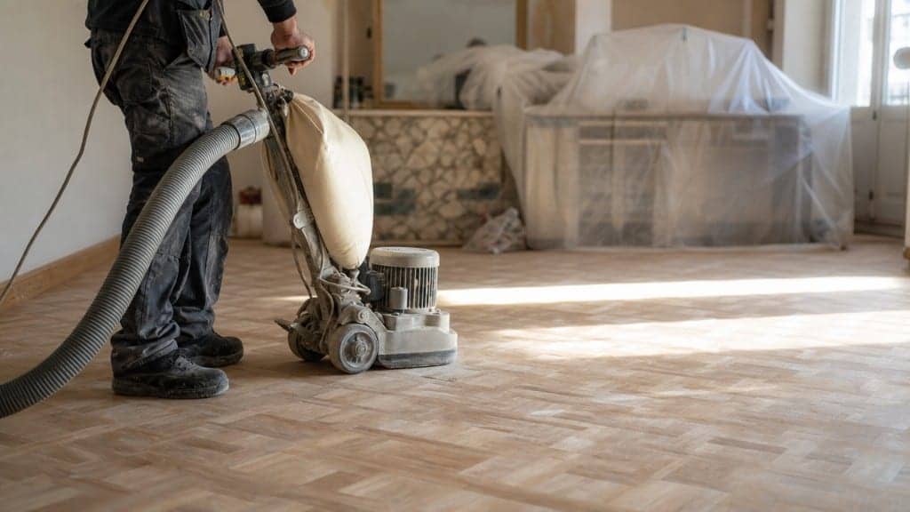 Acuchillado de parquet con lijadora profesional durante la obra