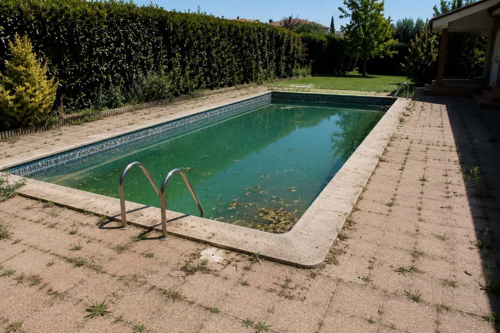 Antes: Piscina de chalet antes y después: vaso renovado y jardín perimetral