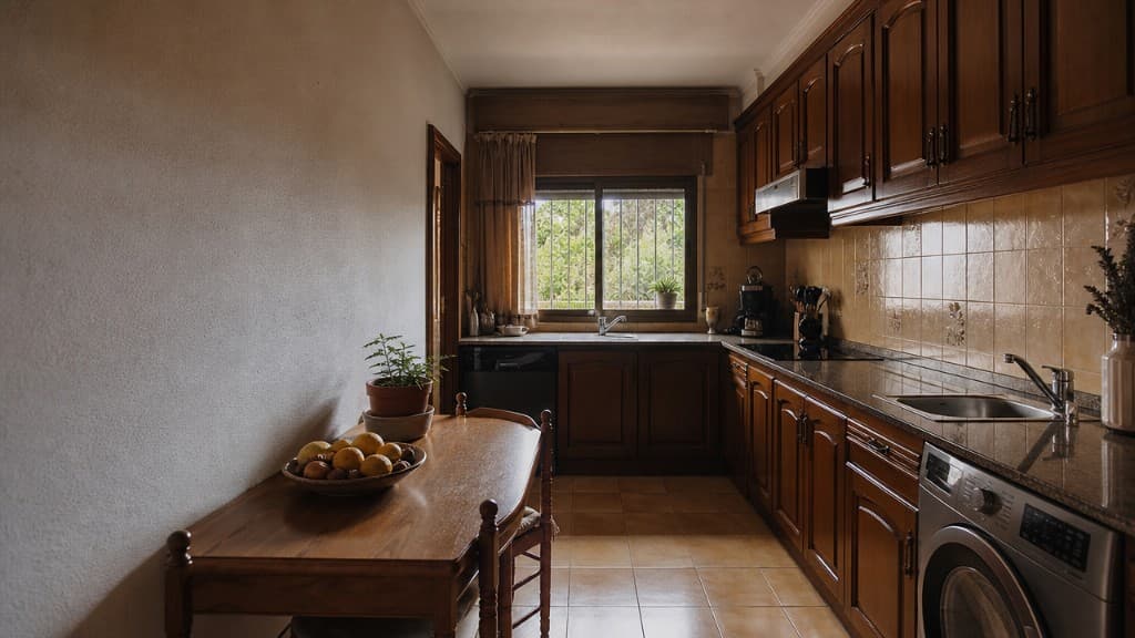 Cocina lineal de chalet antes de la reforma, con muebles de madera clásicos