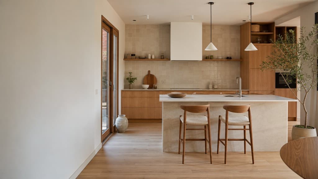 Cocina isla de madera con puertas al jardín en reforma de chalet