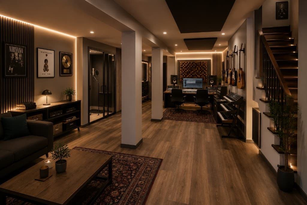 Sótano de chalet convertido en estudio de música con cabina, mesa de mezclas y lounge