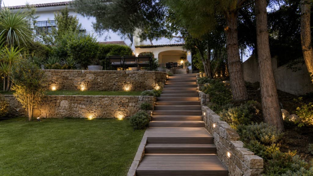 Escalera e iluminación LED en jardín de chalet — instalación eléctrica