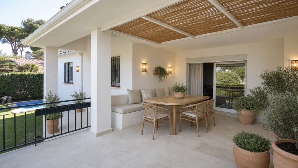 Porche de chalet reformado con terraza mediterránea y zona de comedor