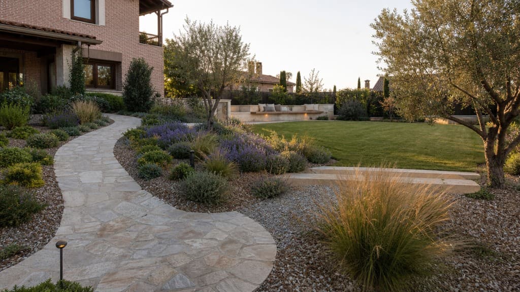 Jardín de chalet con camino de piedra, lavanda, olivos y banco de obra