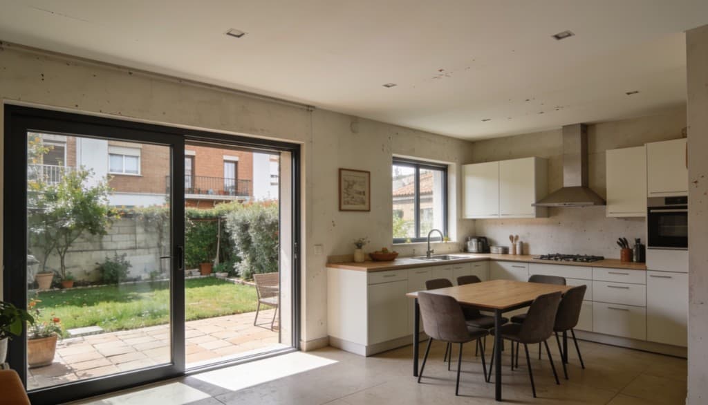 Cocina reformada abierta al salón en un chalet de Madrid