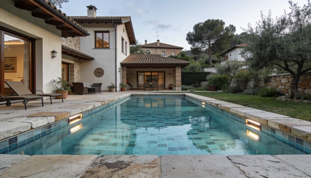 Piscina exterior de chalet con iluminación y porche en Madrid