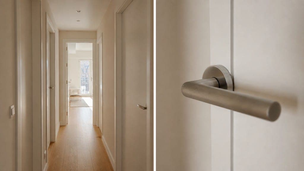 Pasillo con puertas lacadas blancas nuevas en reforma de vivienda