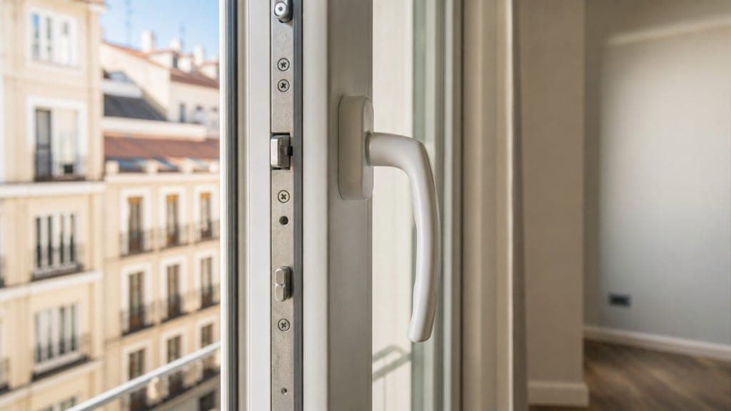 Detalle de manilla y carpintería de ventana de aluminio
