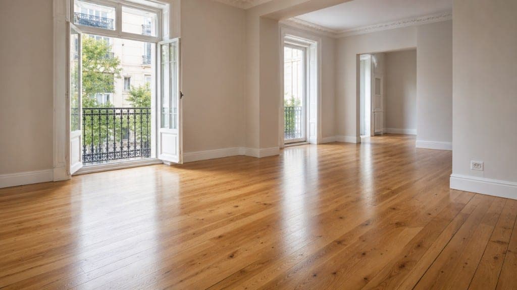 Salón vacío con parquet barnizado y balconera tras reforma de suelos